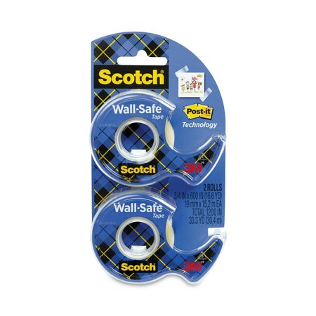SCOTCH Wall-Safe Tape with Dispenser, 1" Core, 0.75" x 50 ft, Clear, 2PK 183-DM2
